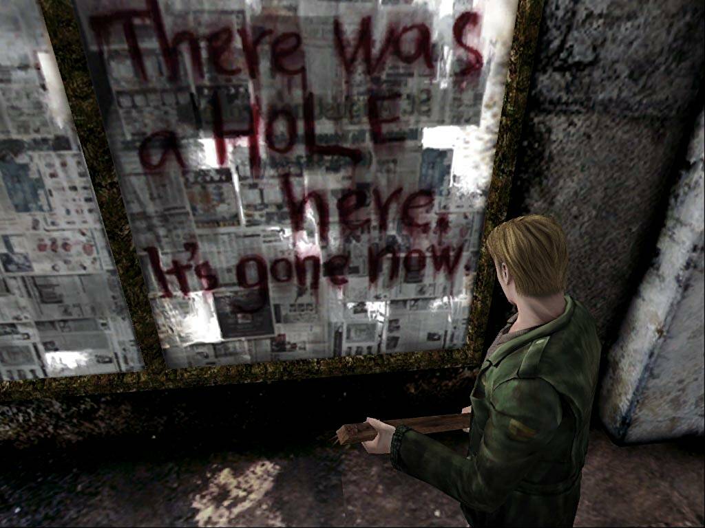 A screencapture from Silent Hill 2 displaying the written message 'There was a hole here. It's gone now.'